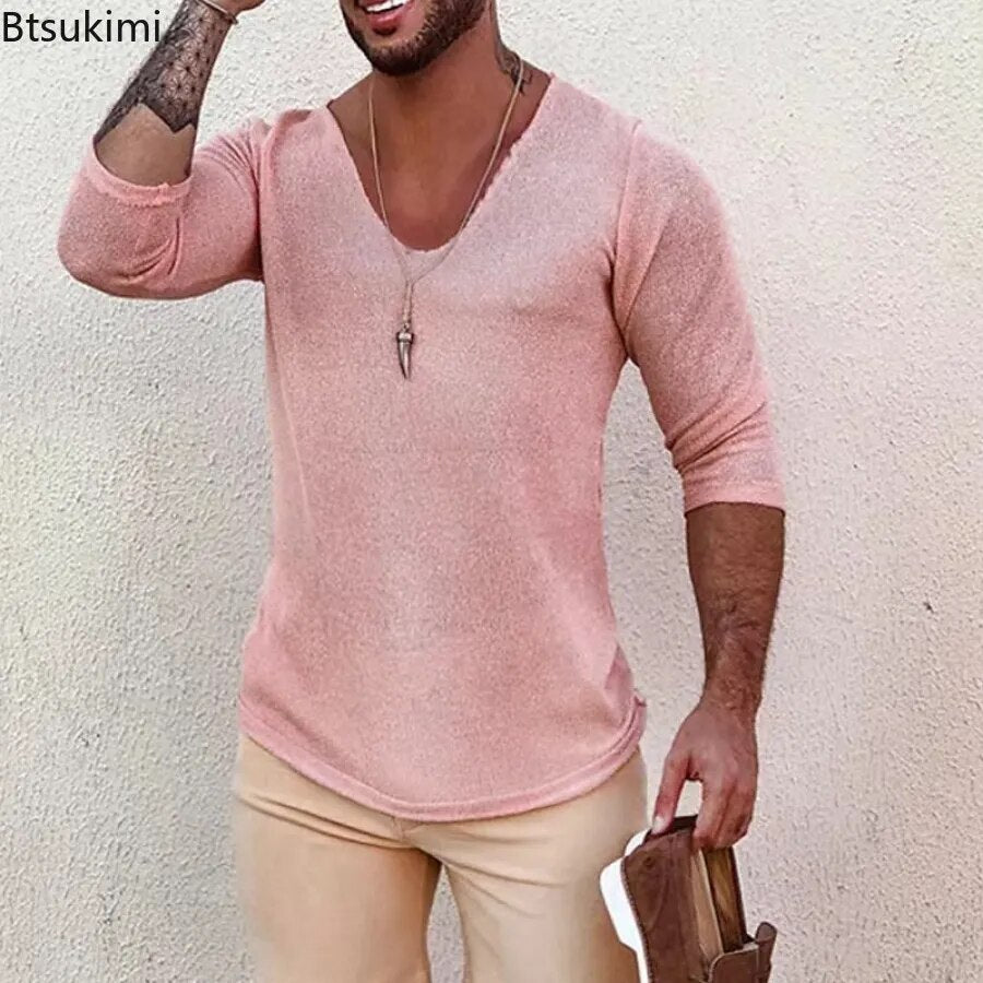 2023 Men's Casual Long Sleeve Kniited Sweaters Thin Style Mens Spring Autumn Clothing Solid V Neck Knitting Pullover Knit Tops