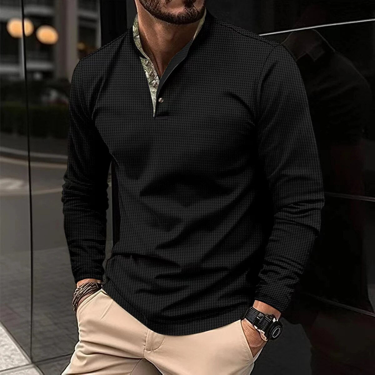 Fashion men's long-sleeved Polo shirt stand collar color T-shirt business anti-wrinkle street casual men's breathable top