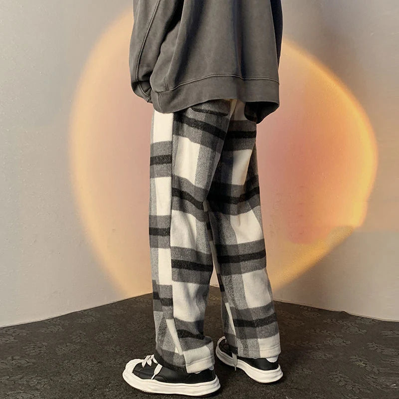 Spring Autumn Vintage Plaid Korean Casual Wide Leg Pants Man Woolen Streetwear Straight Fashion Loose Trousers Pantalon Homme