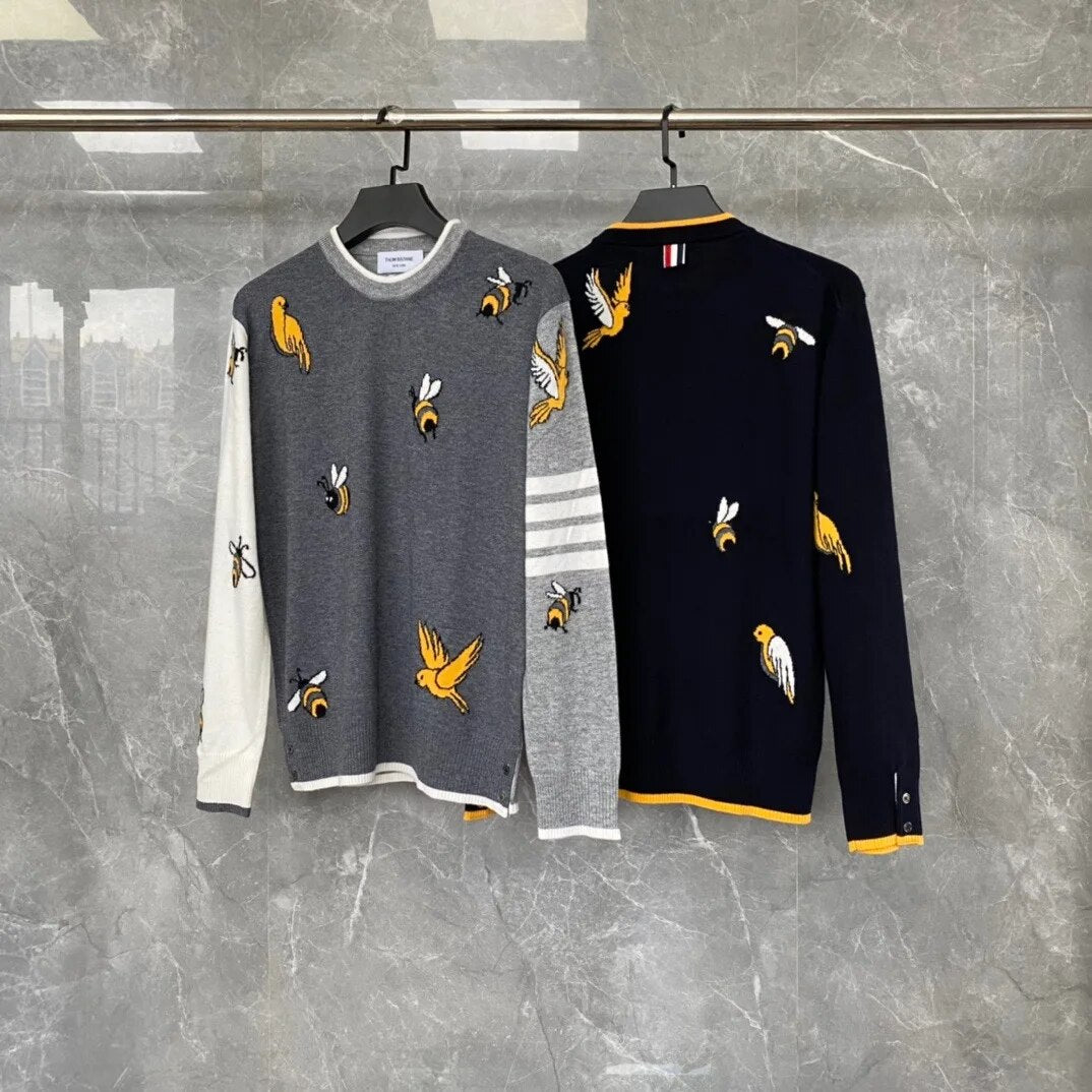 Hot sale TB new little hummingbird embroidered crewneck high quality men and women wool long sleeve pullover