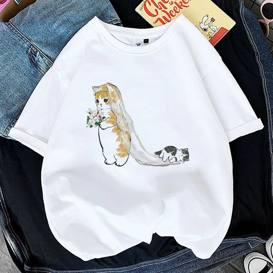 Kawaii Cat Shark Women Print Funny T-shirt Girl Animal Y2K Fashion 90S Print Tops Tee Gril Black White Clothes,Drop Ship