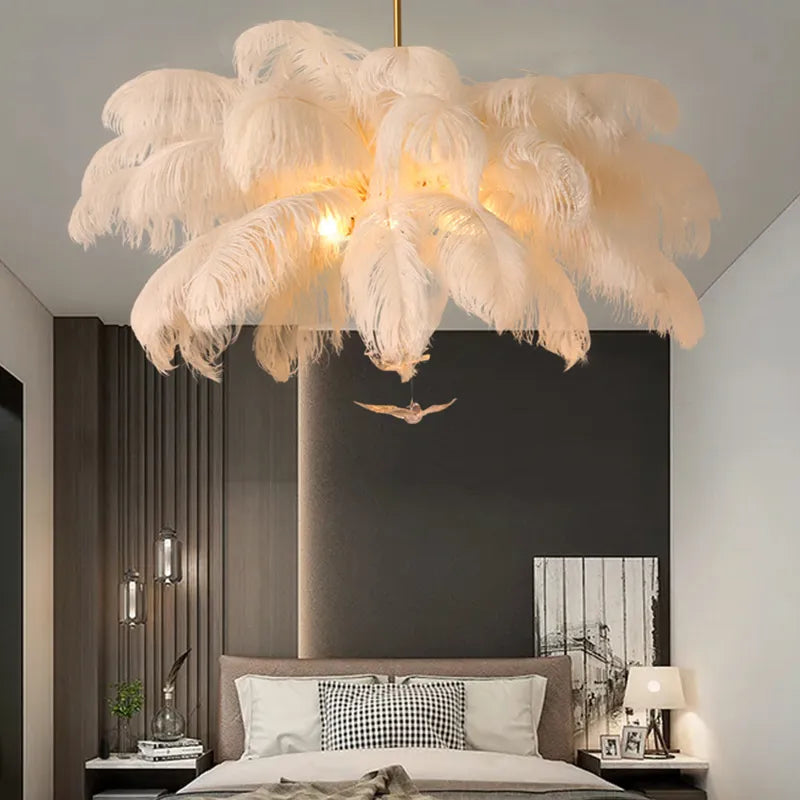 Nordic White Ostrich Feather Pendant Light Modern Led Ceiling Chandelier for Living Dining Room Children's Bedroom Hanghing Lamp