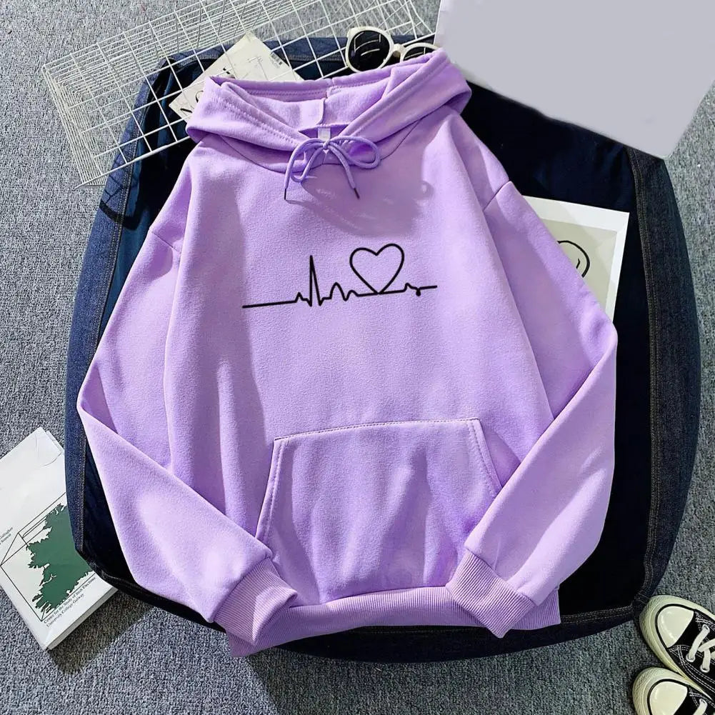 Chic Elastic Hem Women Autumn Hoodie Streetwear Women Autumn Hoodie Elastic Cuff Heart Print Couple Hoodie for School