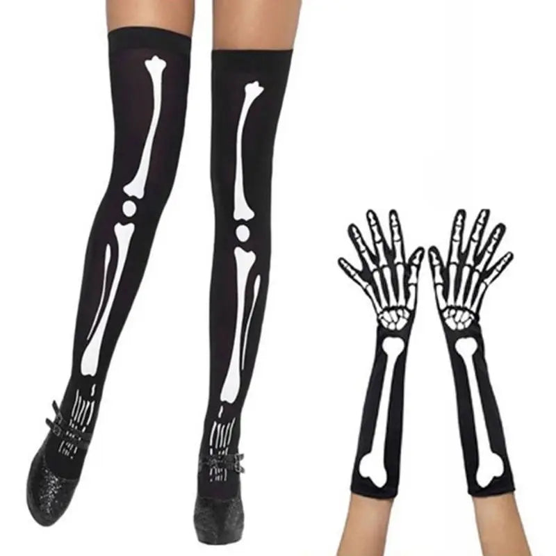 Womens Halloween Cosplay Skull Skeleton Bone Gloves Thigh High Stockings Socks Dropshipping