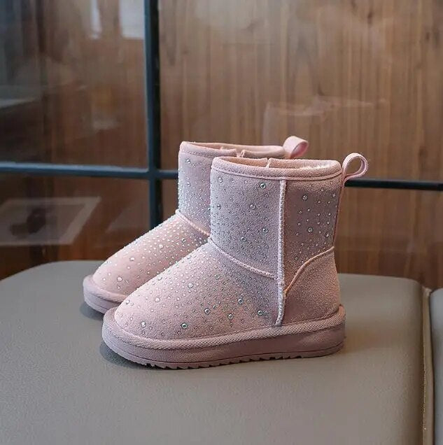 2023 Fashion Winter Snow Boots For Girls Korean Style Leather Ski Boots Thick Warm Plush Casual Sport Shoes For Kids Sneakers