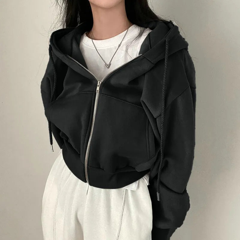 Women Hoodies 2023 Autumn Retro Solid Color Zip Up Oversized Sweatshirts Harajuku Korean Version Long Sleeve Hooded Jackets Coat