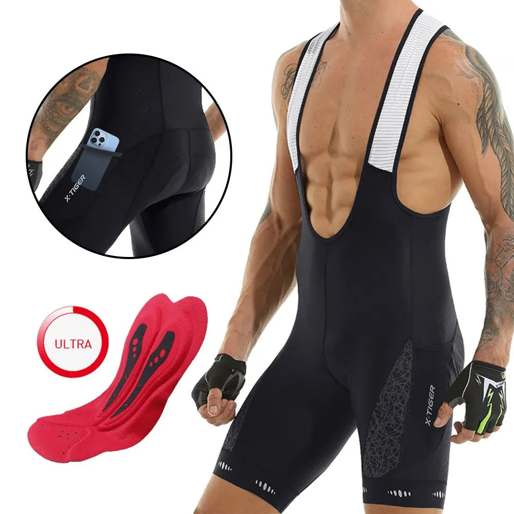 X-TIGER Cycling Bib Shorts 5D Gel Pad Mountain Bike Shorts Bretelle Pockets Outdoor Breathable UPF50+ Bike Tight Bicycle Shorts