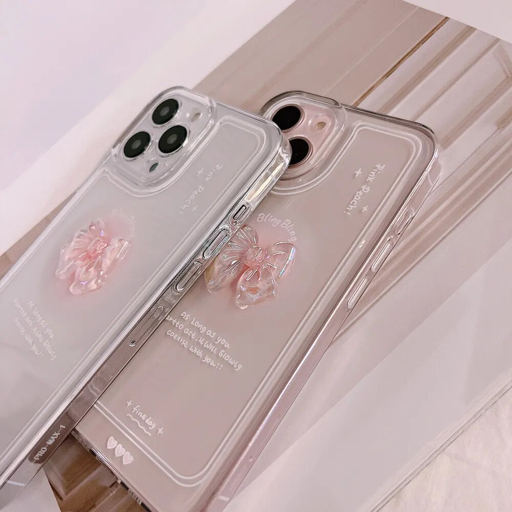 Cute 3D Crystal Bow Love Heart Case For iPhone 15 14 13 12 Mini 11 Pro Max X XS XR 7 8 Plus SE 2022 Clear Soft Shockproof Cover