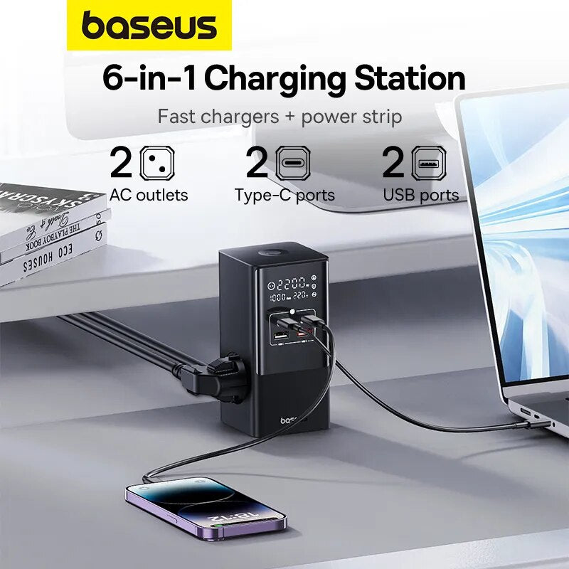 Baseus 100W Fast USB Charger 6 in 1 Power Strip Desktop Charging Station With 1200J Surge Protector For MacBook iPhone Samsung