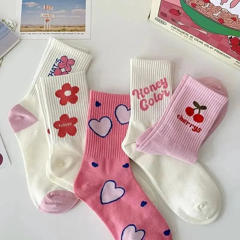 Trendy Versatile Pink White Flower Socks Girls Cute Polka Dot Cotton Socks Anti-Slip Antibacterial Sweat Absorbent All Seasons