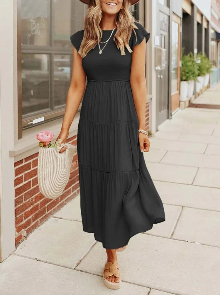 2023 Summer Fashion Casual Pleated A Line Women's Dress Fashion Elegant Chic Solid O-neck Flying Sleeve Long Dresses For Women