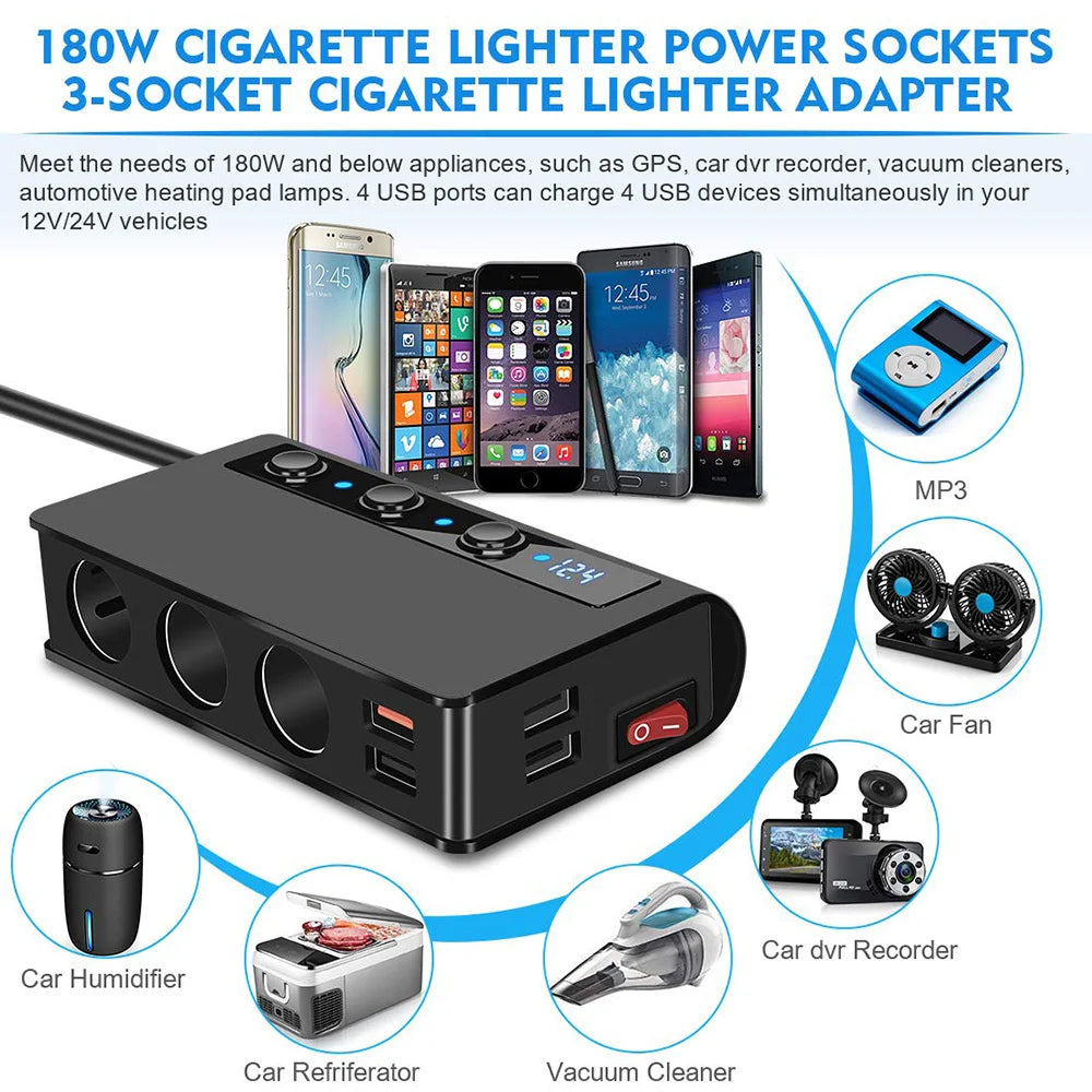 Powstation Cigarette Lighter socket splitter Charger 180W 4 USB Port Car Charger USB Charger Type C Port Car Socket Splitter