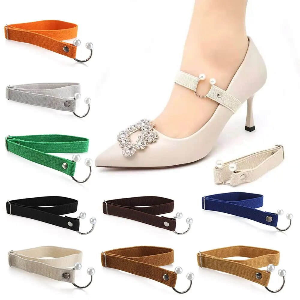 1Pair Women High Heels Adjustable Elastic Shoe Strap Belt U-shaped Pearl Elastic Lazy Shoelace Anti-drop Heels Shoe Accessories