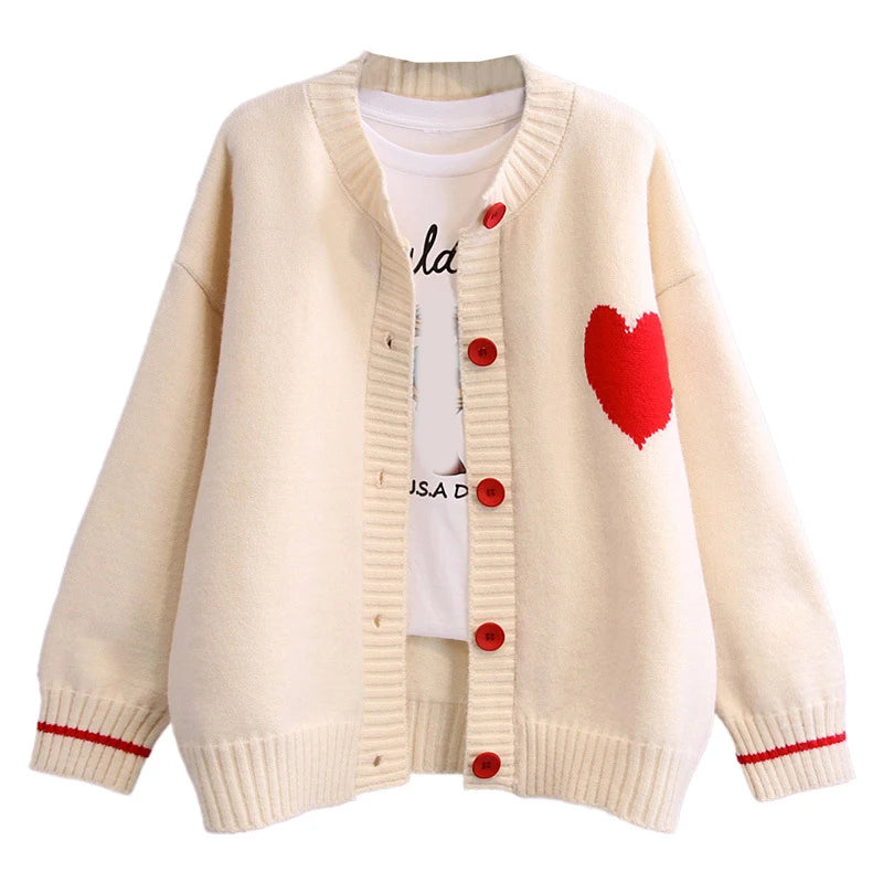 Girl Sweet Chic Love Heart Pattern Long Sleeve Cardigan Coat Japan Style V Neck Single Breasted Sweater Elastic Knit Women Tops