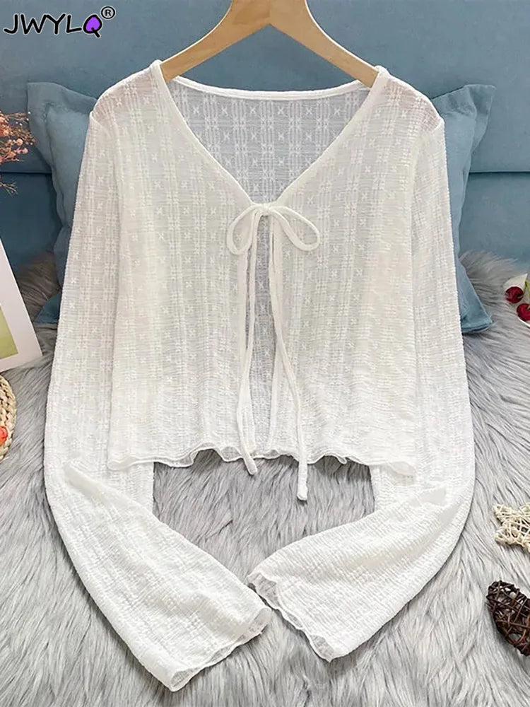 Woman T-shirt Summer Thin Bow Solid Color Short Thin Womens Cardigan Korean Fashion Casual Sun Protection 2023 Top Women Clothin