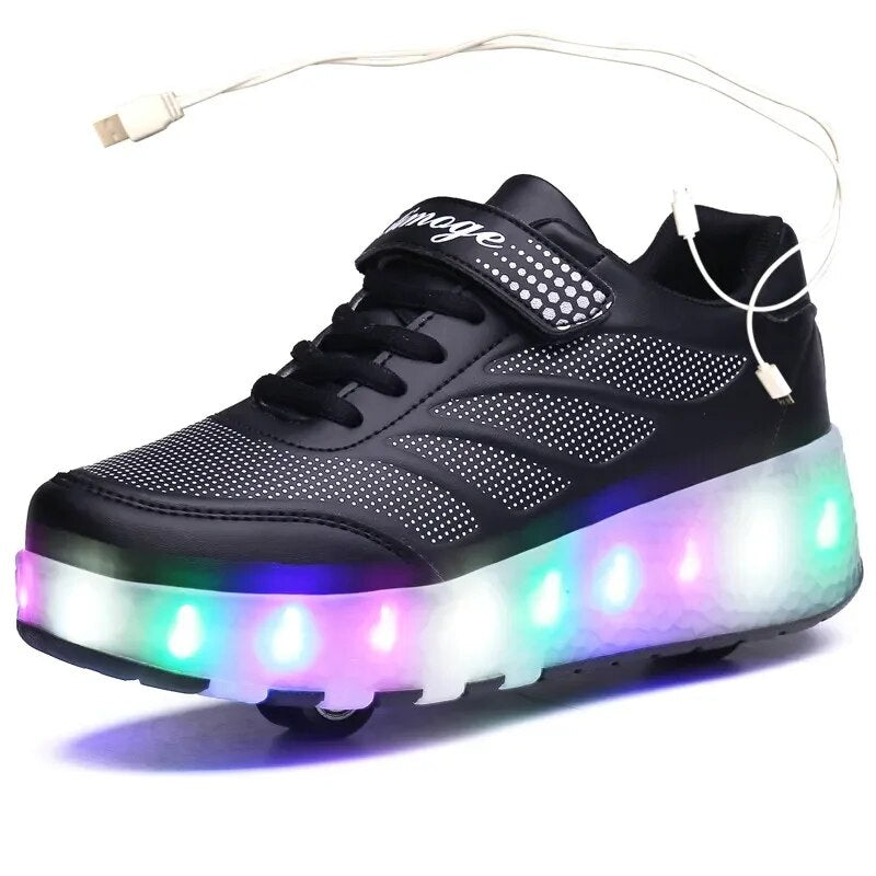 USB Charging Black Two Wheels Luminous Sneakers Led Light Roller Skate Shoes for Children Kids Led Shoes Boys Girls Shoes 28-43