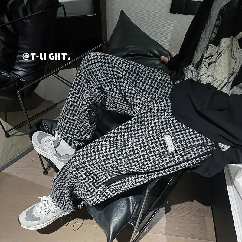 Spring Autumn Houndstooth Fashion Korean Trousers Man Loose Pants Casual Sweatpants Vintage All Match Streetwear Male Clothes