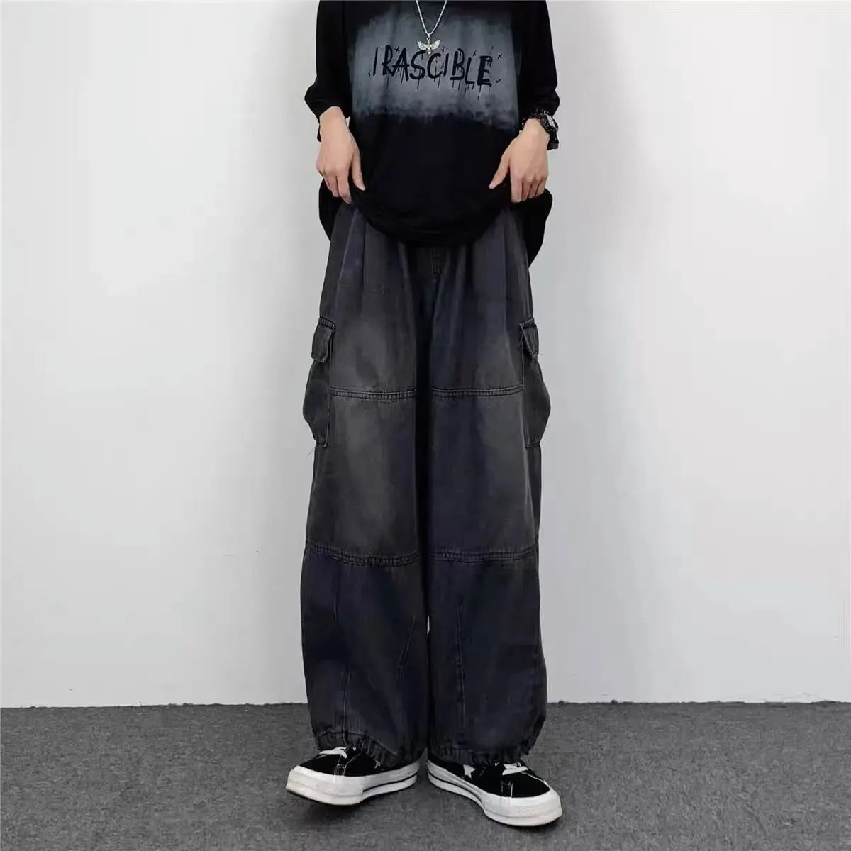 Spring And Autumn Vintage Wide Leg Big Pocket Overalls Men Y2K Neutral Loose Straight Leg Casual High Street Hip Hop Jeans