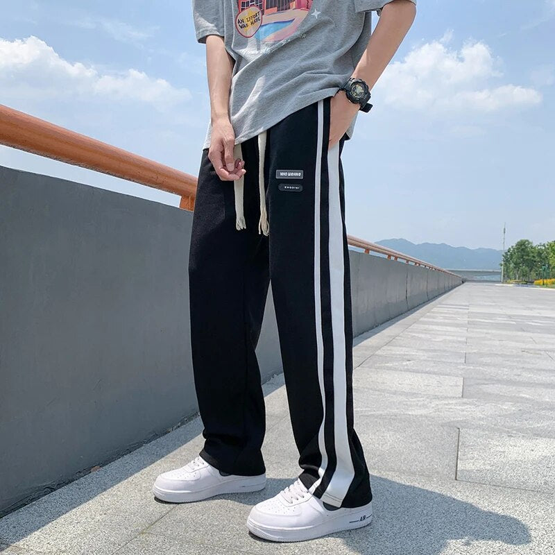 Sweatpants Men Summer Design Side Striped Baggy Trousers Student Cool Streetwear Hip Hop Teens Dynamic Mens Korean Stylish Daily