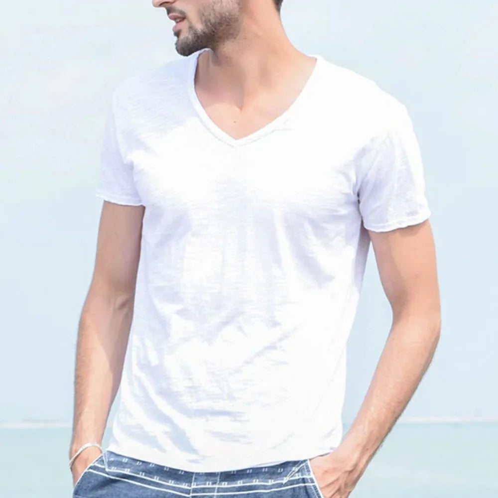 New Mens T Shirt Pure Color V Collar Short Sleeved Tops Tees Men T-Shirt 10colors slim Man T-Shirts Fitness For Male Clothes