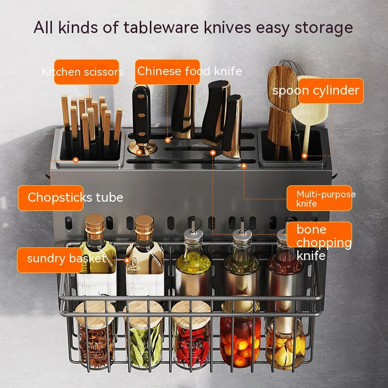 Kitchen Organizer Shelf Wall-mounted Spice Storage Rack Kitchen Knife Holder Wall Seasoning Chopstick Spoon Shovel Storage Sheif