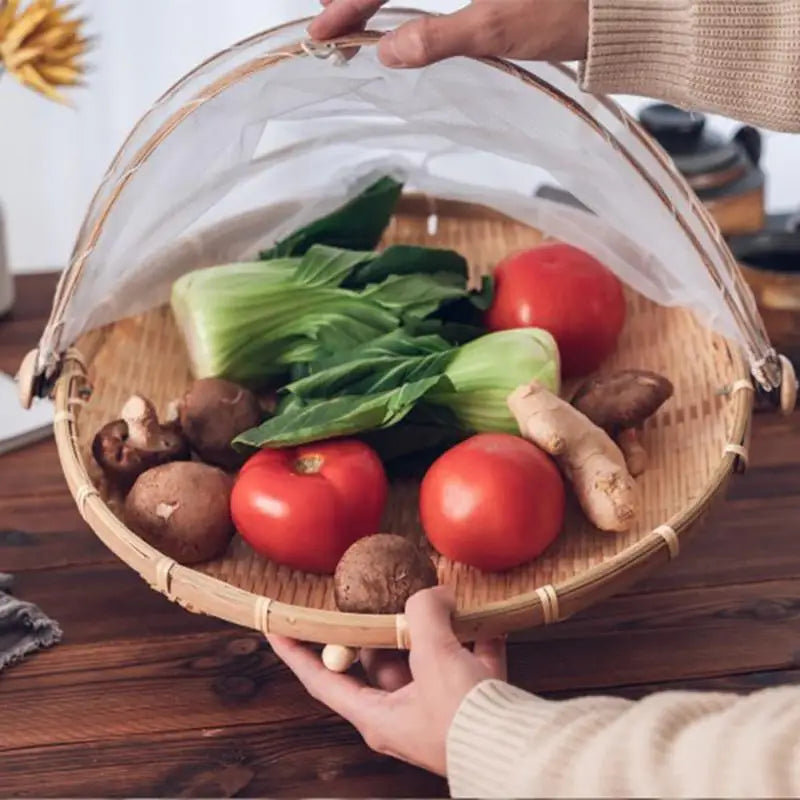 Hand-Woven Food Bamboo Kitchen Organizers Basket Tray Fruit Vegetable Bread Storage Basket Outdoor Picnic Mesh Net Cover