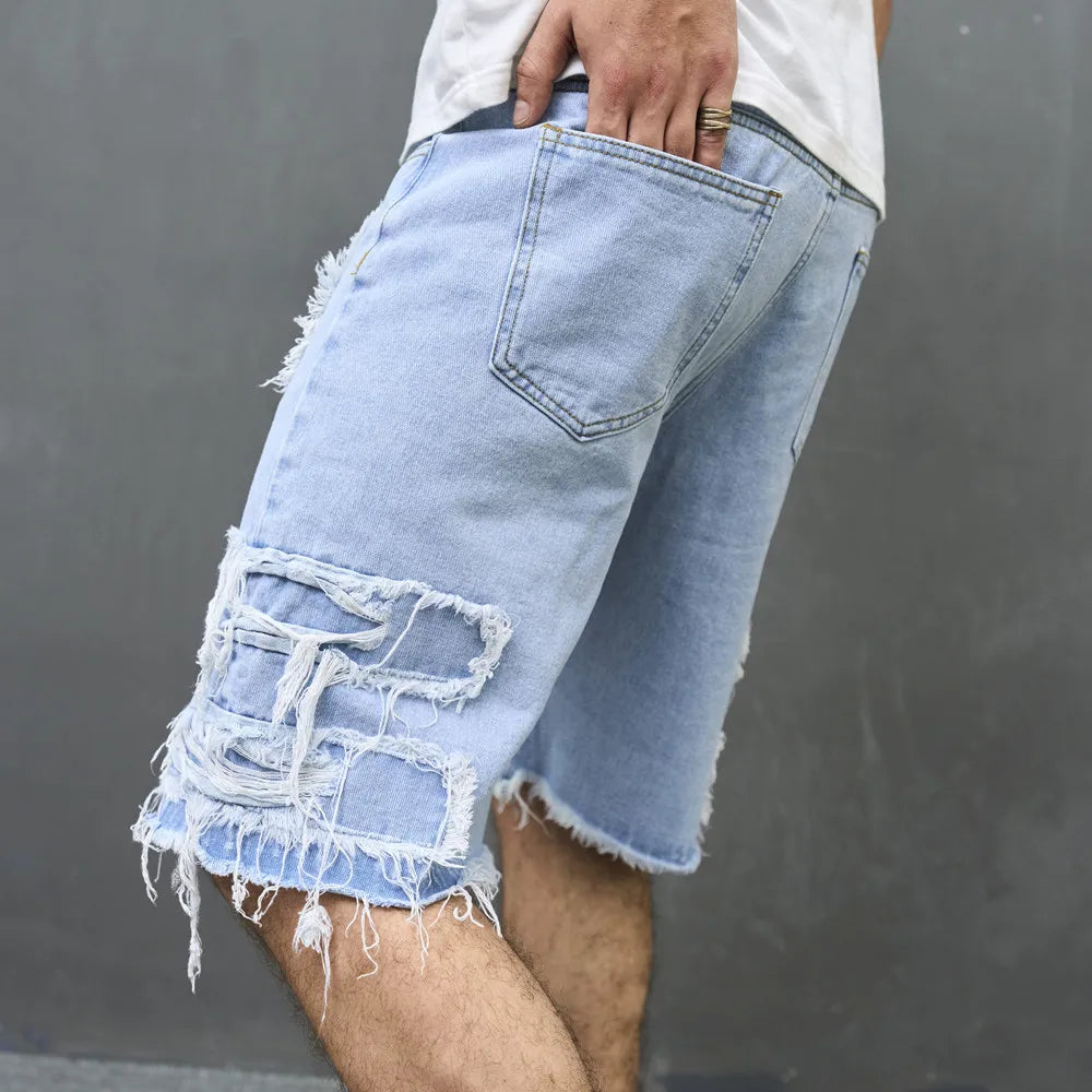 2023 Summer Men Streetwear Ripped Patch Denim Shorts Stylish Solid Casual Straight Male Jeans Five-point Pants