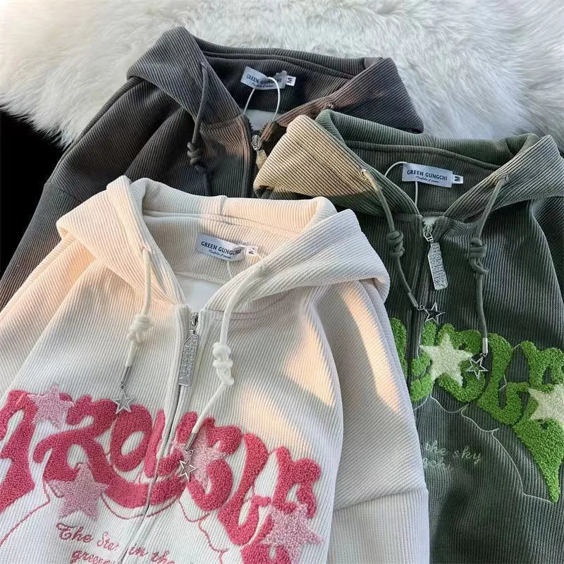 Women Letter Embroidered Hoodies Autumn Winter Vintage Zip Up Loose Hooded Sweatshirts Harajuku Y2K Long Sleeve Jacket Clothes