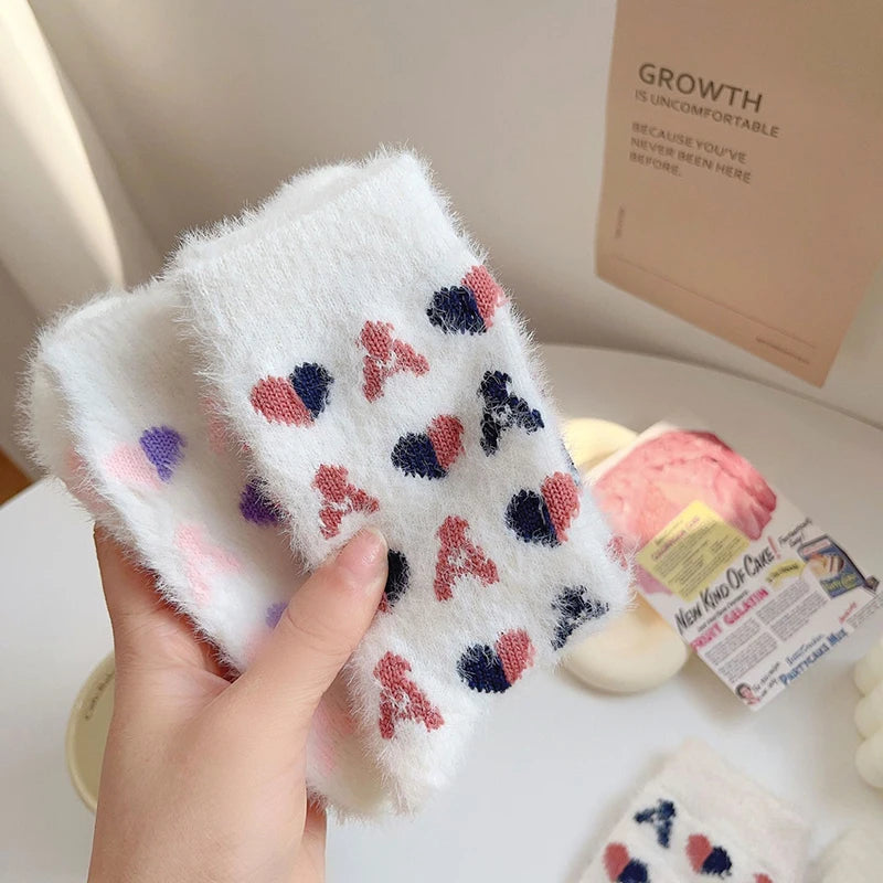 Heart Mink Plush Socks For Women Girl Mid-Tube Stockings Warm Coral Velvet Sleep Floor Sock Winter Thermal Slipper Harajuku Sox