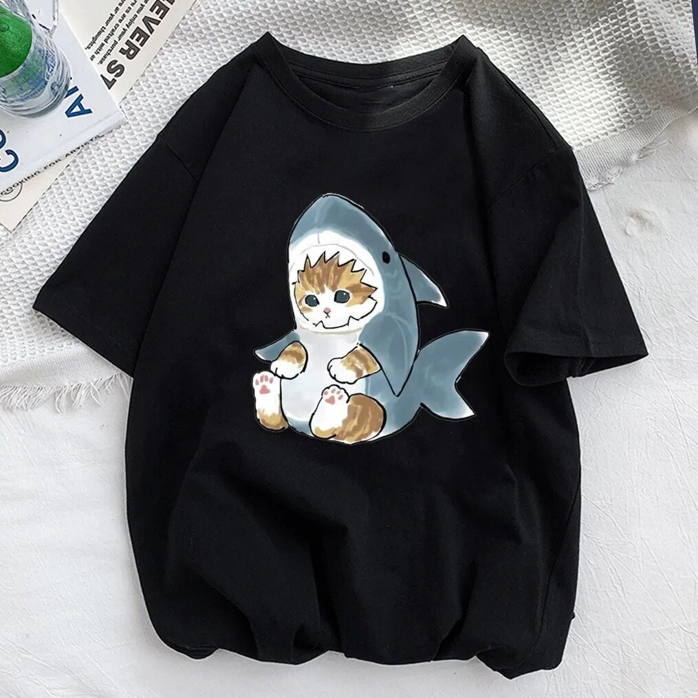 Kawaii Cat Shark Women Print Funny T-shirt Girl Animal Y2K Fashion 90S Print Tops Tee Gril Black White Clothes,Drop Ship