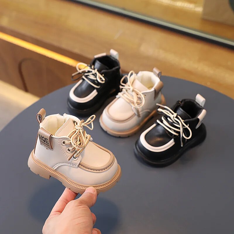 Baby Boots Winter New Thickened British Style Boys Girls Anti Slip Warm Leather Boots Side Zipper Kids Soft Soled Toddler Shoes