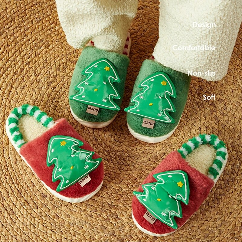 Lioraitiin Kids Baby Winter Slippers Christmas Tree Fluffy Warm Plush Slippers Non Slip House Shoes for Toddlers Indoor Outdoor