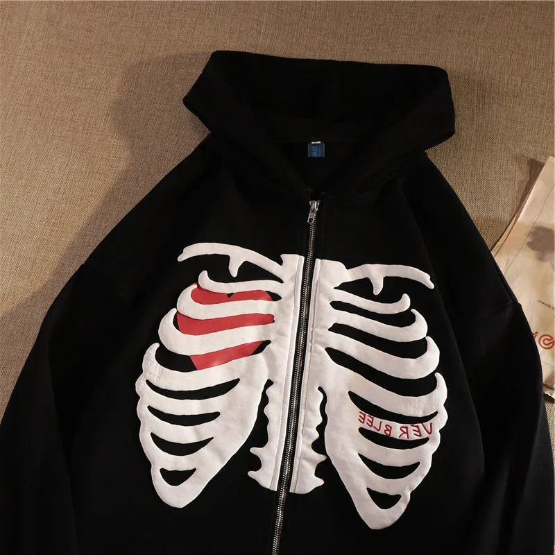 Y2K Skeleton Hoodies Women 2022 Vrouwen Gothic Zwart Zip Up Oversized Sweatshirt Dames Retro Harajuku Capuchon Streetwear Tops