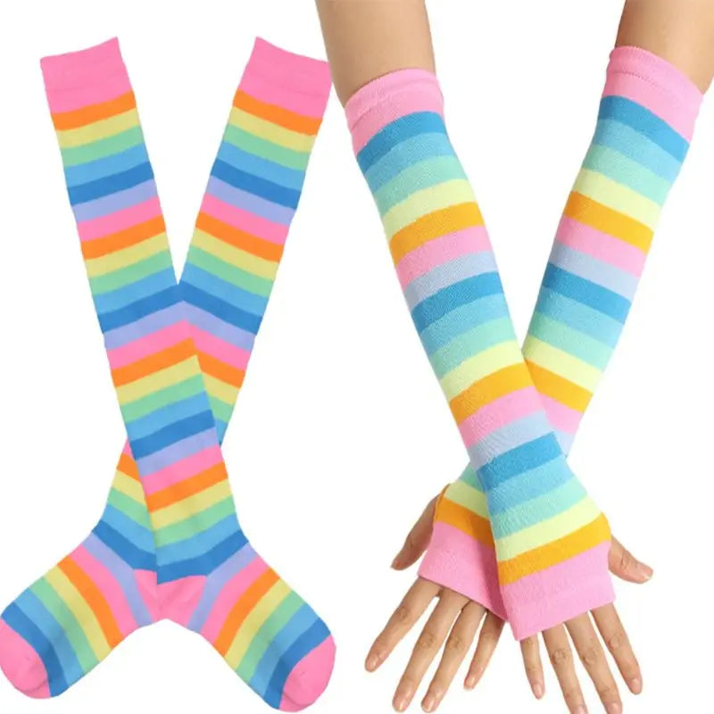 Womens Rainbow Socks Striped Over Knee Thigh High Stockings Arm Warmer Gloves Drop Shipping