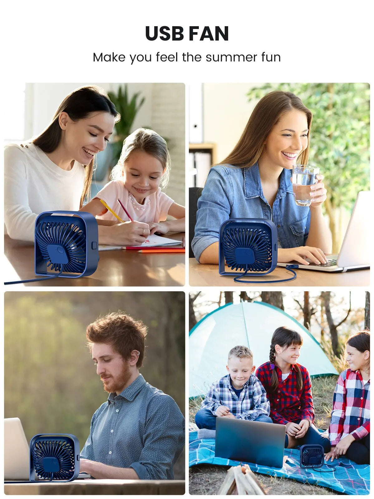 TOPK USB Desk Fan Strong Airflow & Quiet Operation 3 Speed Wind Mini Table Fan 360° Rotatable Head for Home Office Bedroom Table