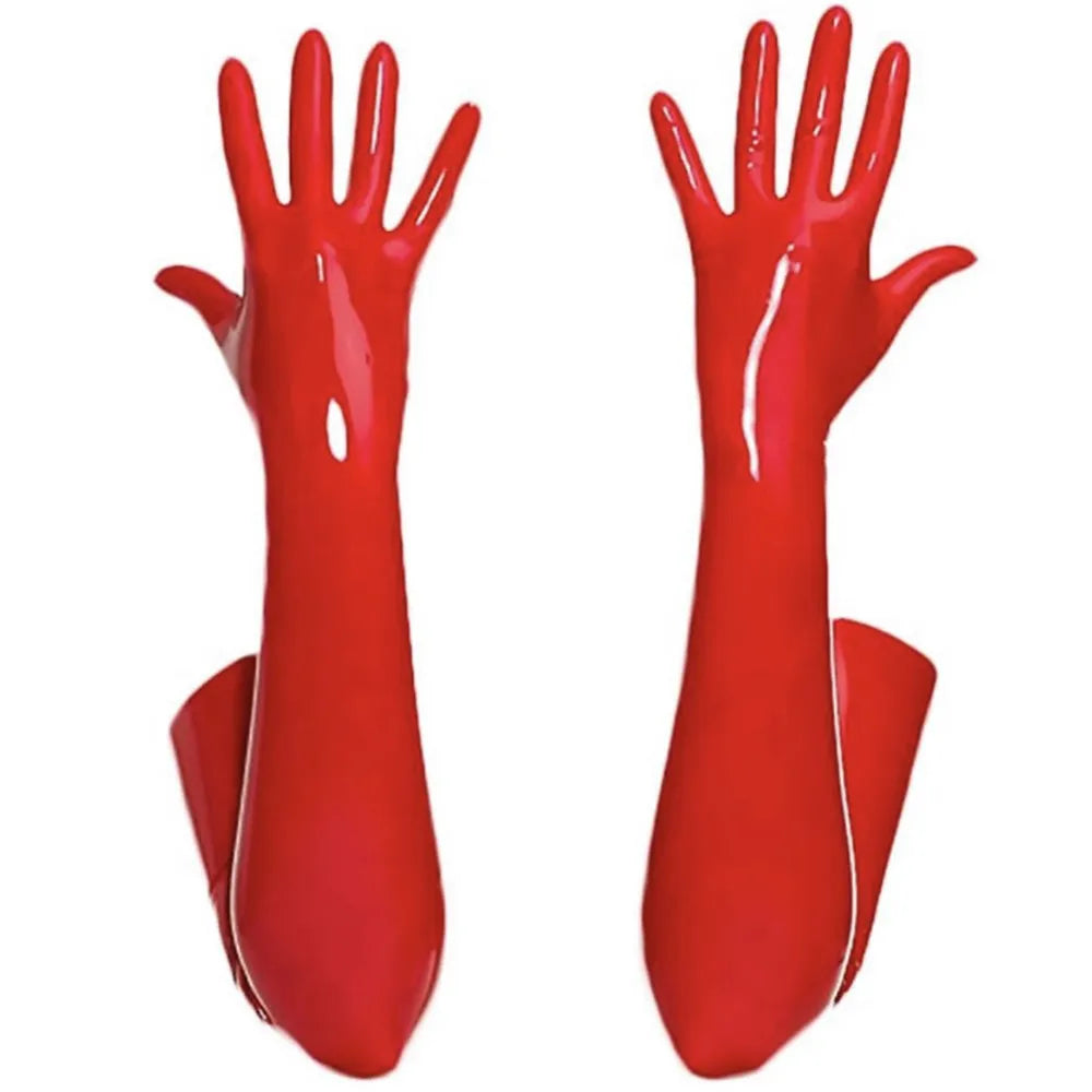 Women PU Leather Wetlook Shiny High Stockings Mittens Long Leather Gloves Disco Party Dance Clubwear Cosplay Costumes Red Black