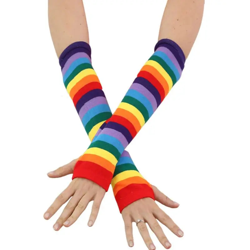 Womens Rainbow Socks Striped Over Knee Thigh High Stockings Arm Warmer Gloves Drop Shipping