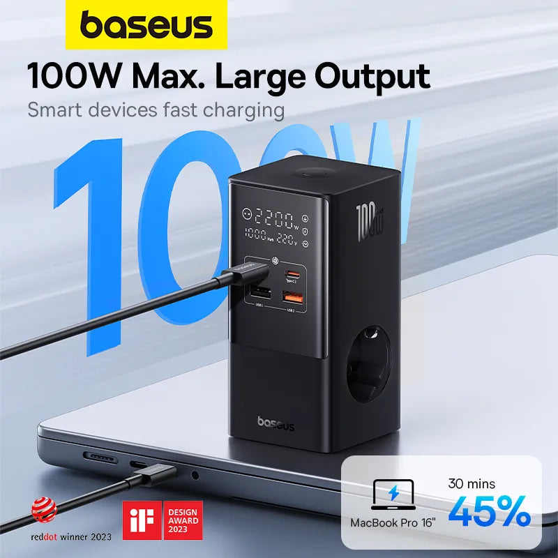 Baseus 100W Fast USB Charger 6 in 1 Power Strip Desktop Charging Station With 1200J Surge Protector For MacBook iPhone Samsung