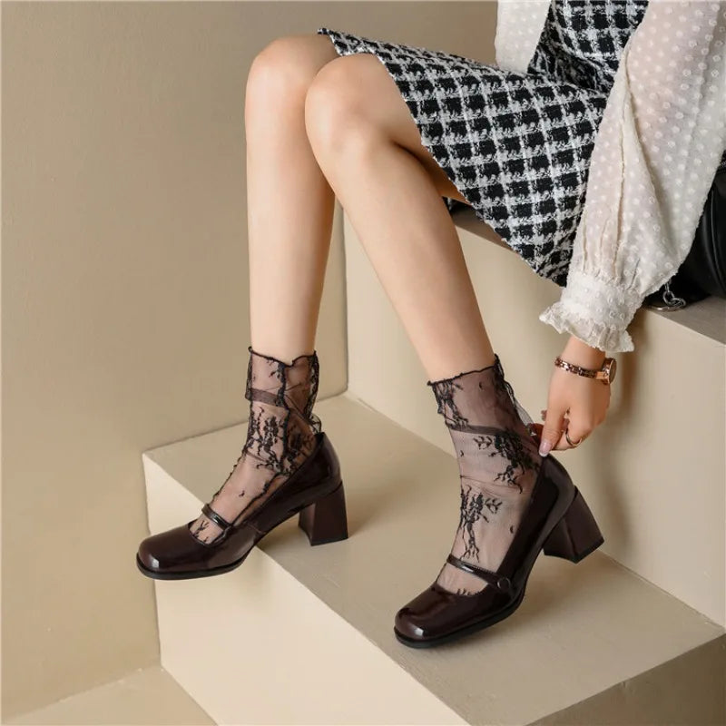 1 Pair Women Socks Japanese Lolita Lace Mid Length Stockings Ultra-thin Hollowed Out Calf Short Socks Leather Shoes Accessory