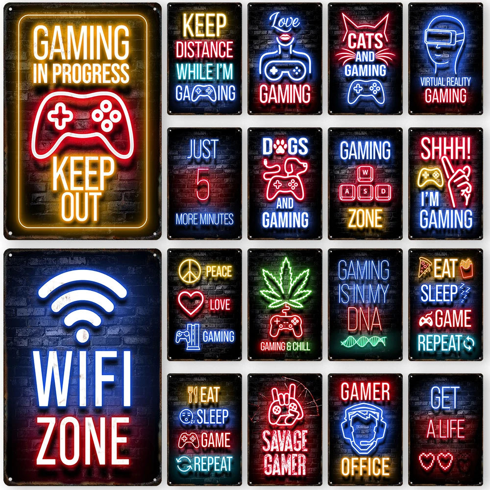 Gamepad Vintage Metal Poster Neon Light Glow Lettering Decorative Tin Sign Game Room Wall Art Plaque Modern Home Decor Aesthetic