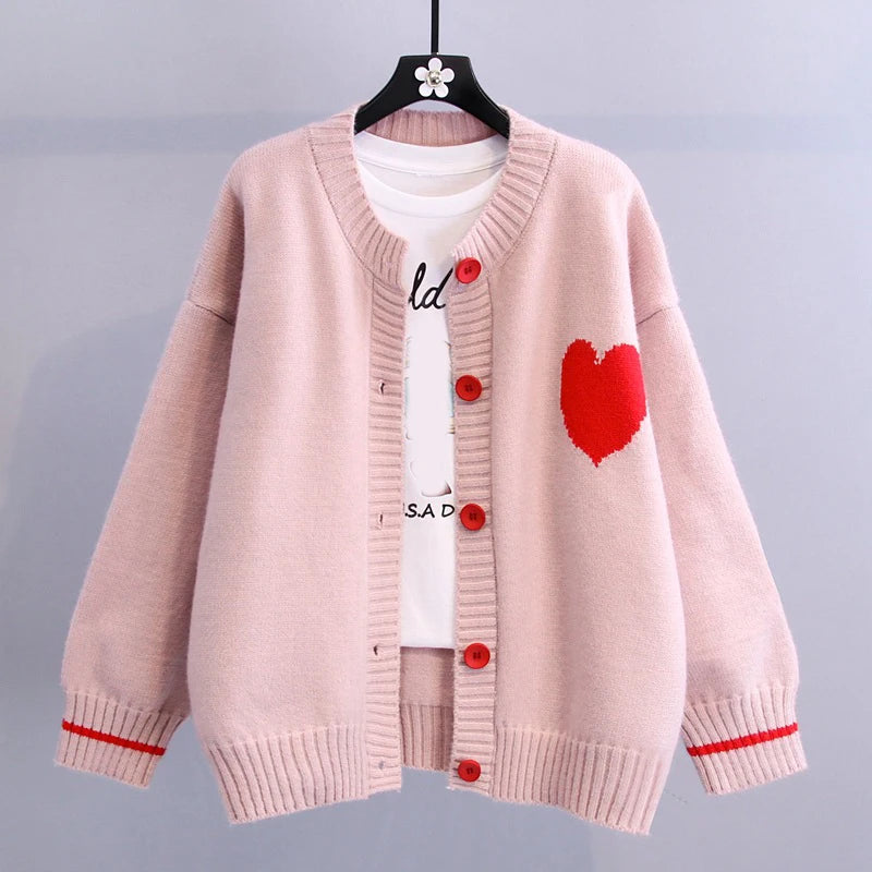 Girl Sweet Chic Love Heart Pattern Long Sleeve Cardigan Coat Japan Style V Neck Single Breasted Sweater Elastic Knit Women Tops