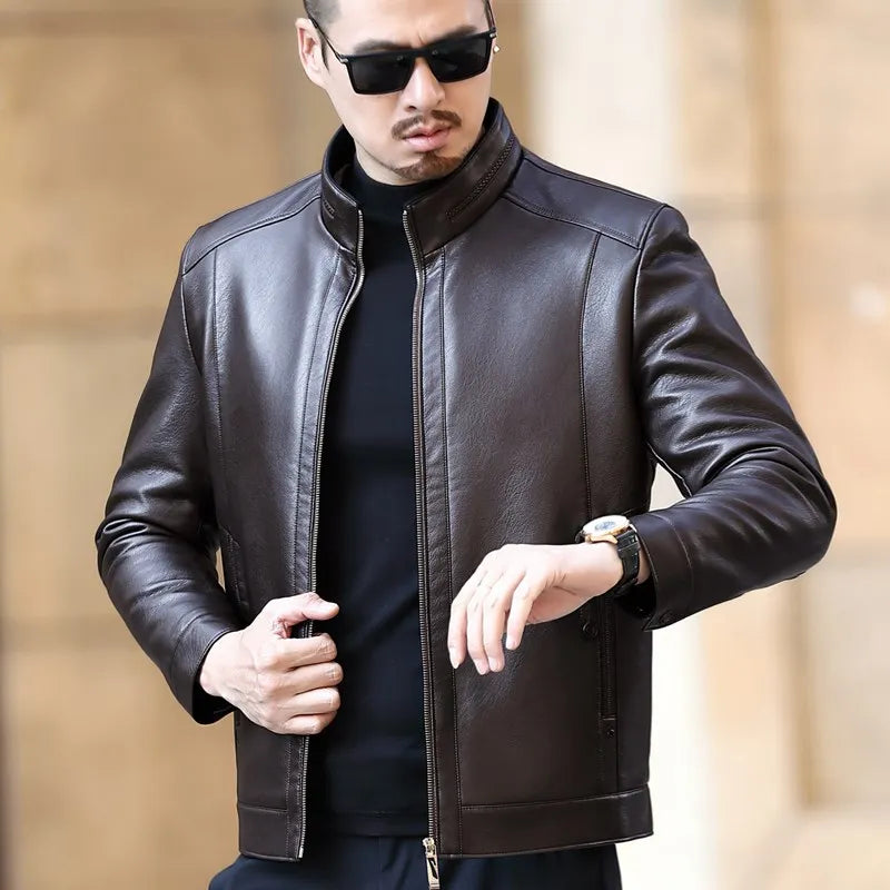 YXL-221 Natural Leather Jacket Men's Stand-up Collar Business Casual Fur One-piece Men's Super Soft SE Plush Liner Warm Jacket