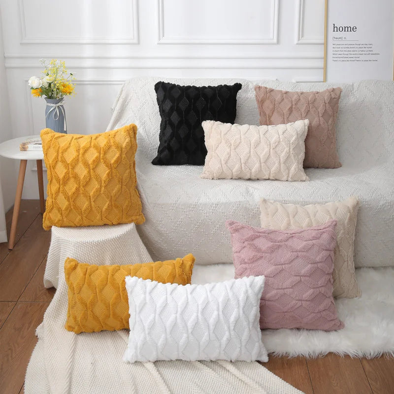 Plush 3D Rhombus Geometry Solid Soft Throw Pillowcase 30x50 40x40cm Embroidery Cushion Cover for Living Room Sofa Decoration