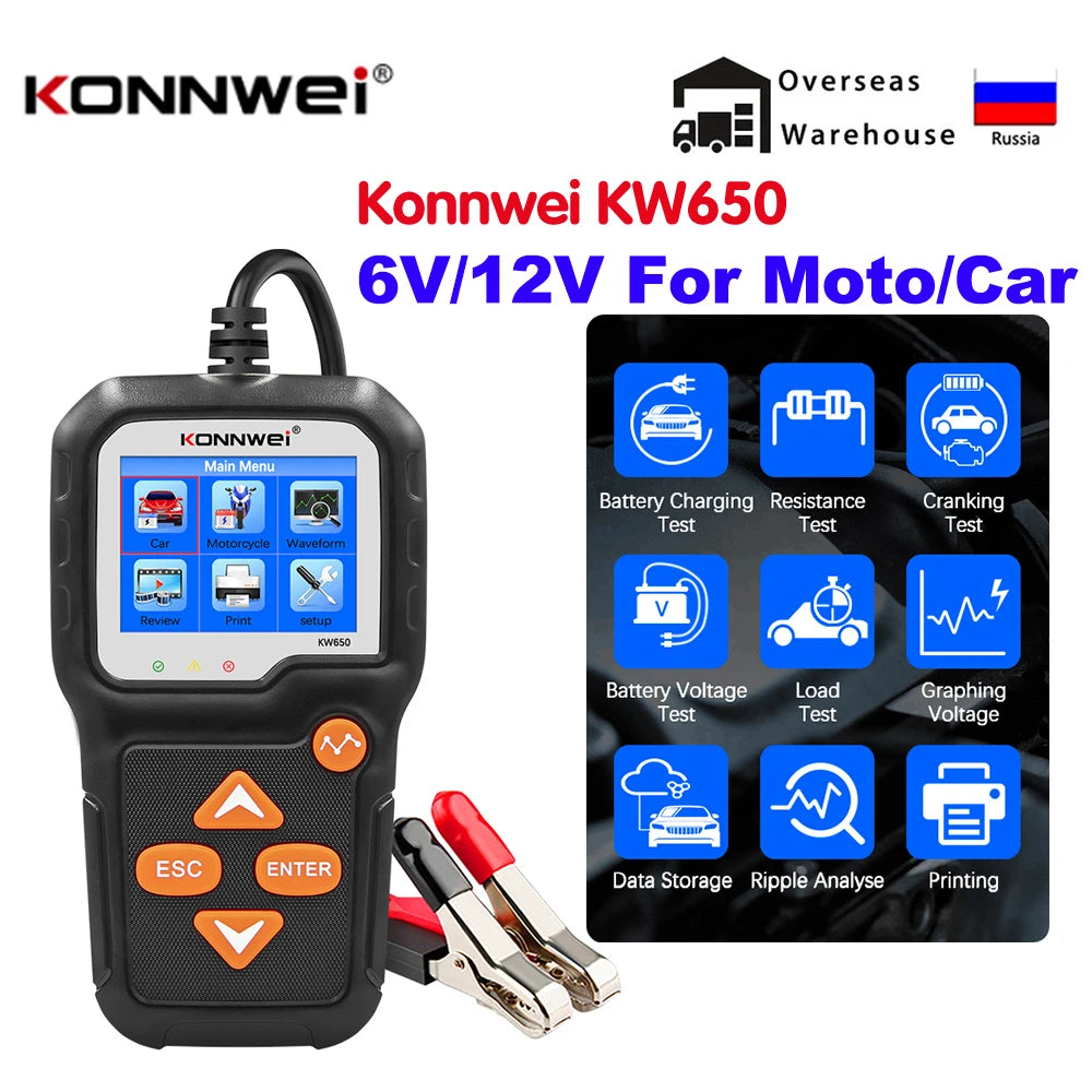 KONNWEI KW650 Car Battery Tester 6V 12V Motorcycle Auto Analyzer 100 to 2000 CCA Car Moto Cranking Charging Test Tool PK KW510