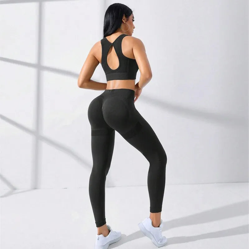 Yoga Basic 2pcs Seamless High Stretch Yoga Set Tracksuit Gym Set Crisscross Back Cami Hip-hugging Tummy Control Leggings