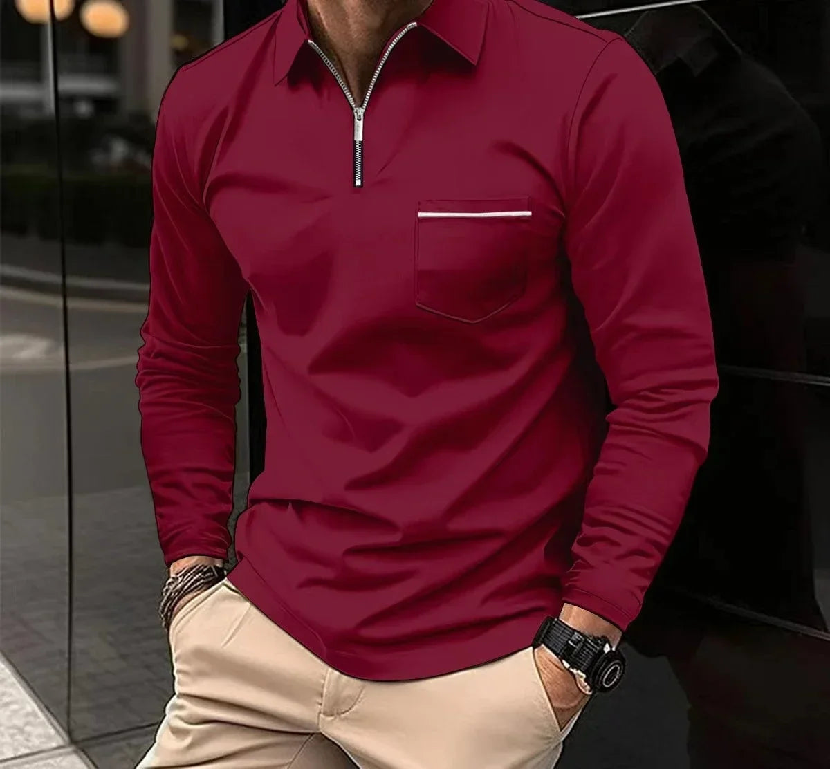 Polo T-shirts for Men Fashion Versatile Casual Solid Color Zip Pocket Long Sleeved Sports Loose Fitting Shirt Autumn New 2024