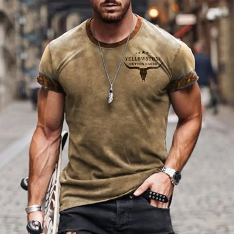 2023 New Men's Vintage T-Shirt Personality Sheep Head Print Breathable Quick Drying High Quality Casual Short-Sleeved Street