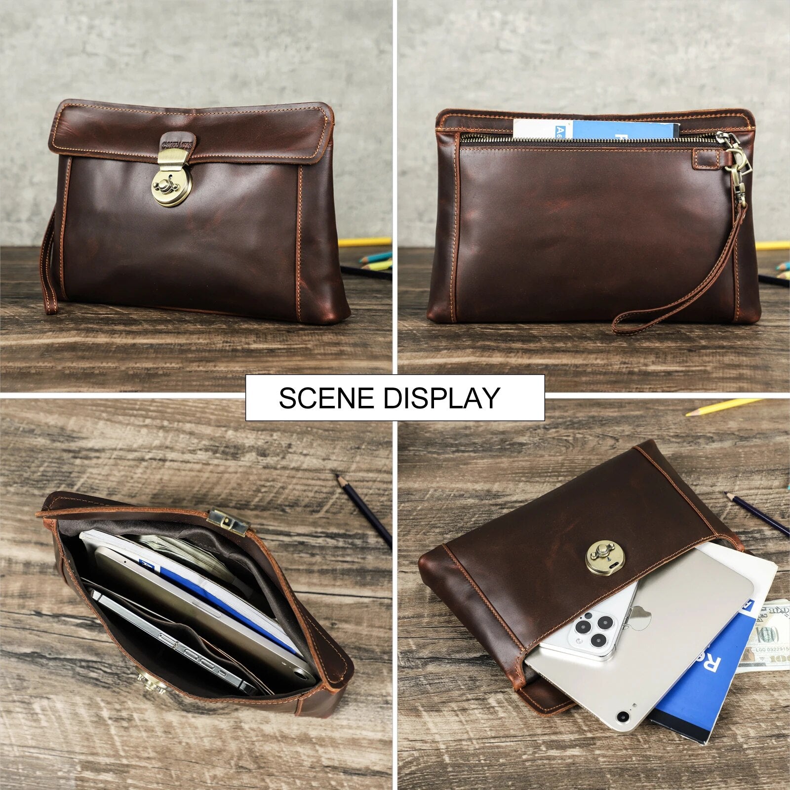 CONTACT'S Men Clutch Bags Genuine Leather Clutch Wallets Push Lock Design Phone Pocket Men's Bags Handbags for 8.3 iPad Mini