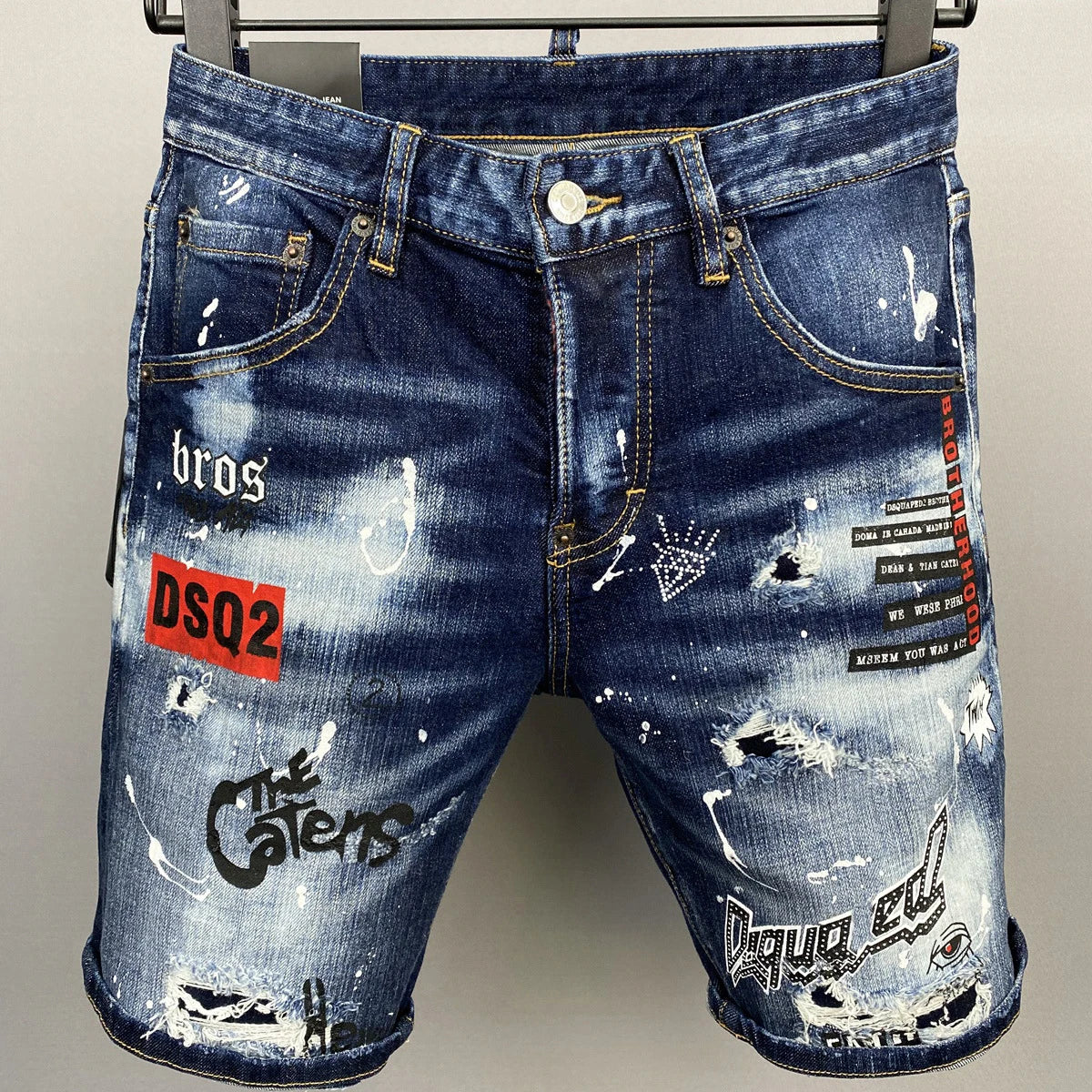 summer Men's Denim Shorts Print Letter Breeches Half Pants Slim Fit Elasticity Splatted Paint Beggar Trousers dsq2 jeans short