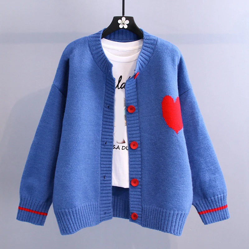 Girl Sweet Chic Love Heart Pattern Long Sleeve Cardigan Coat Japan Style V Neck Single Breasted Sweater Elastic Knit Women Tops